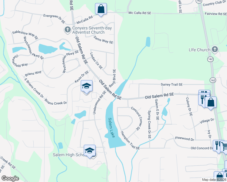 map of restaurants, bars, coffee shops, grocery stores, and more near 3255 Old Salem Road Southeast in Conyers