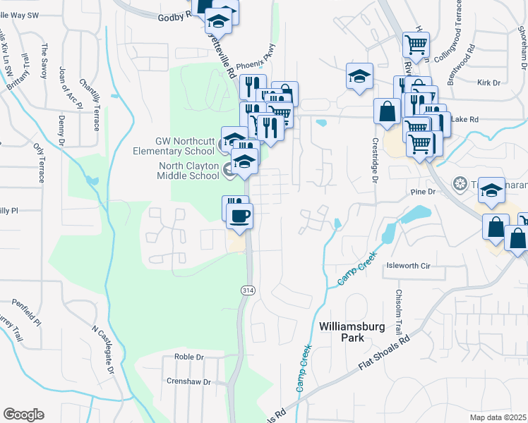 map of restaurants, bars, coffee shops, grocery stores, and more near 1595 Tigris Court in Atlanta