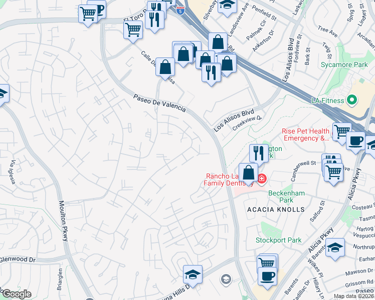 map of restaurants, bars, coffee shops, grocery stores, and more near 174 Avenida Majorca in Laguna Woods