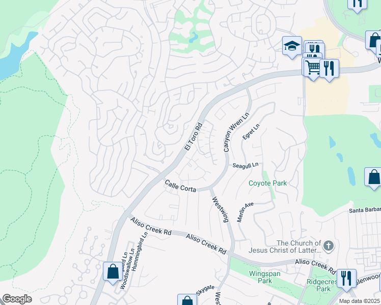 map of restaurants, bars, coffee shops, grocery stores, and more near 23 Night Heron Lane in Aliso Viejo