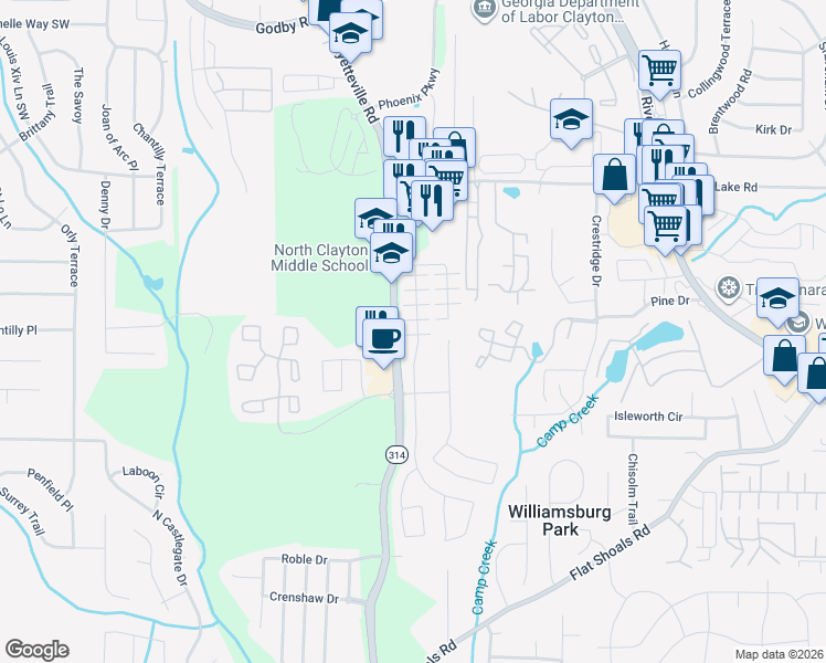 map of restaurants, bars, coffee shops, grocery stores, and more near 1605 Tigris Court in Atlanta