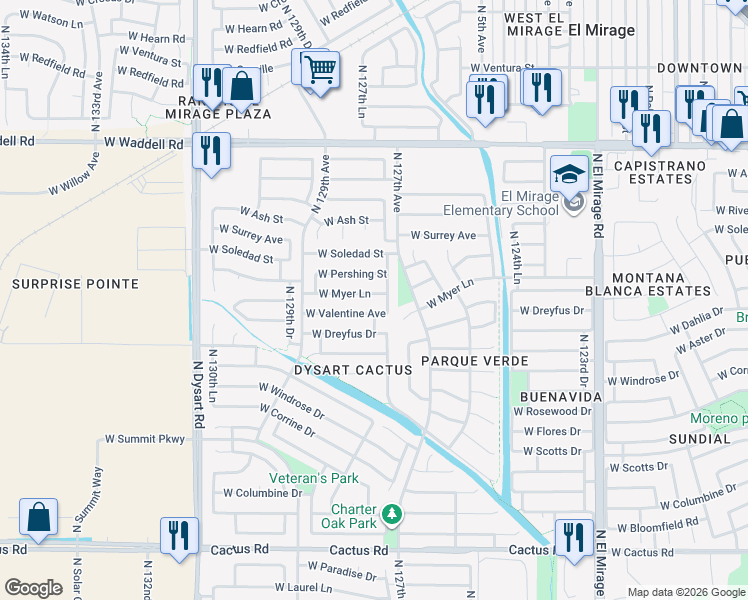 map of restaurants, bars, coffee shops, grocery stores, and more near 12733 West Myer Lane in El Mirage