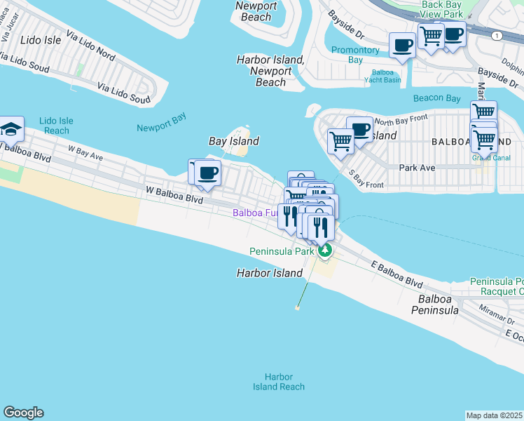 map of restaurants, bars, coffee shops, grocery stores, and more near 306 East Balboa Boulevard in Newport Beach