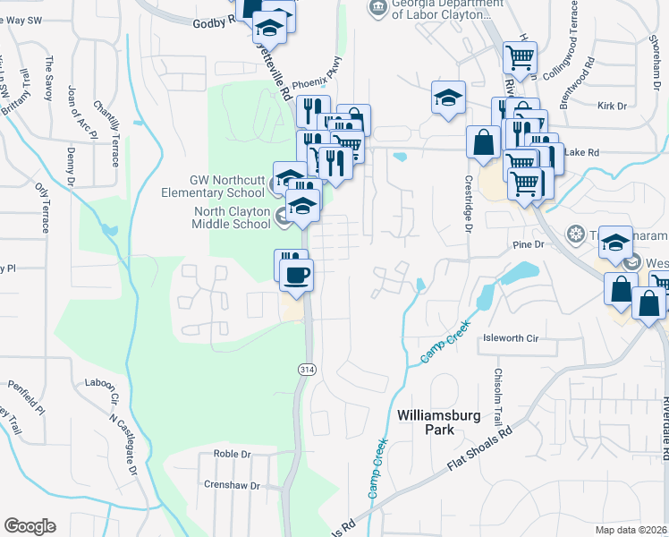 map of restaurants, bars, coffee shops, grocery stores, and more near 5589 Grande River Road in Atlanta