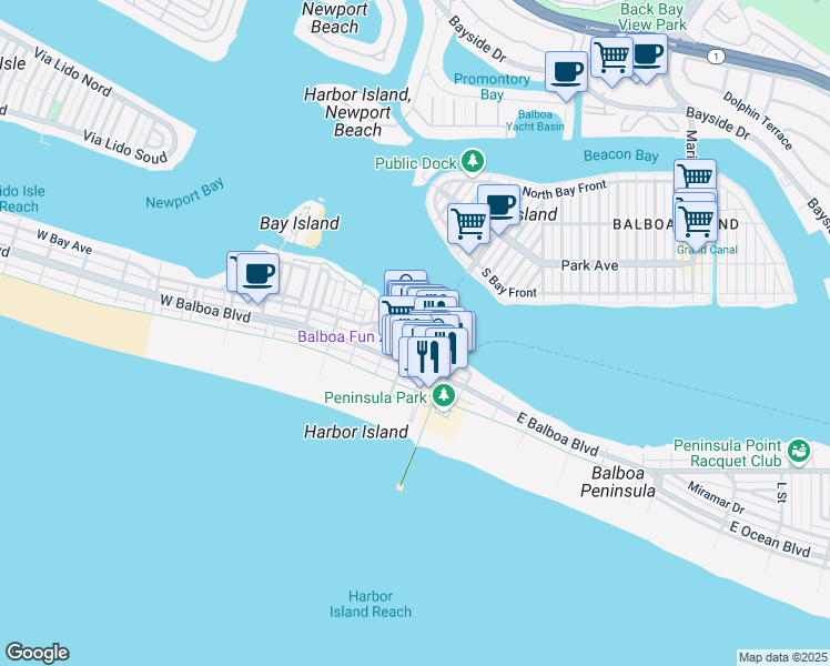 map of restaurants, bars, coffee shops, grocery stores, and more near 704 East Balboa Boulevard in Newport Beach