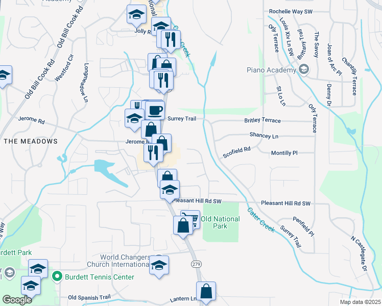 map of restaurants, bars, coffee shops, grocery stores, and more near 5300 Willow Park Boulevard in Atlanta