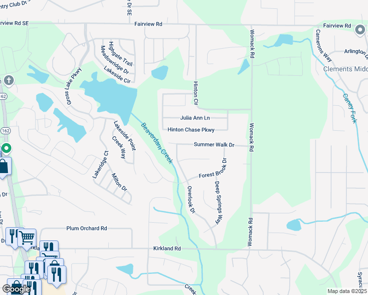 map of restaurants, bars, coffee shops, grocery stores, and more near 205 Summer Walk Drive in Covington