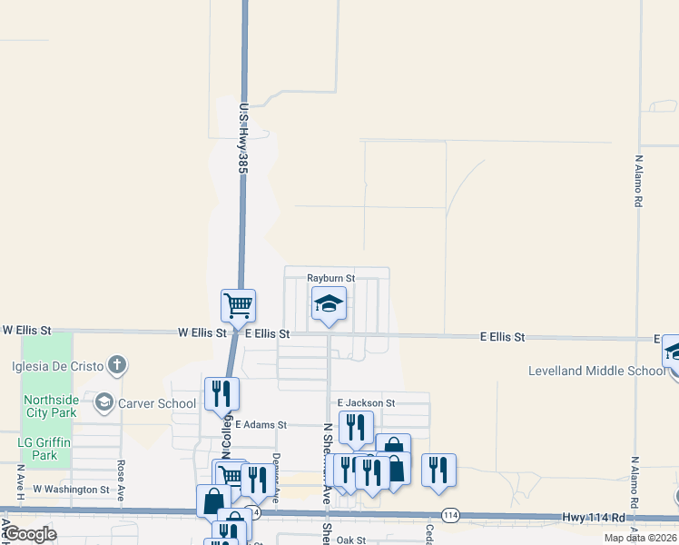 map of restaurants, bars, coffee shops, grocery stores, and more near 119 San Jacinto Ave in Levelland