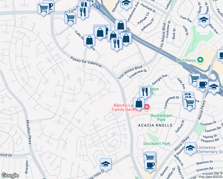 map of restaurants, bars, coffee shops, grocery stores, and more near 163 Avenida Majorca in Laguna Woods