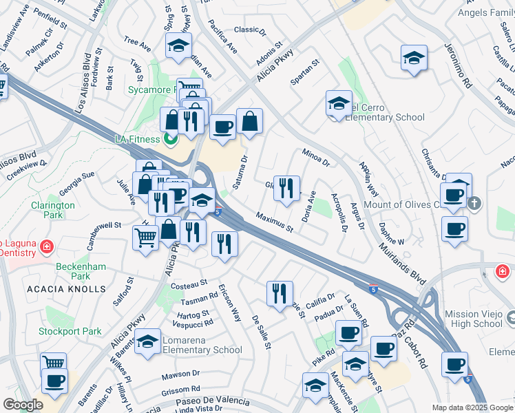 map of restaurants, bars, coffee shops, grocery stores, and more near 24701 Eloisa Drive in Mission Viejo