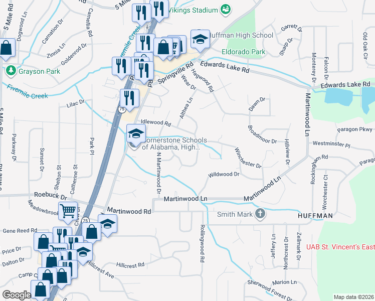 map of restaurants, bars, coffee shops, grocery stores, and more near 969 Ridgewood Circle in Birmingham