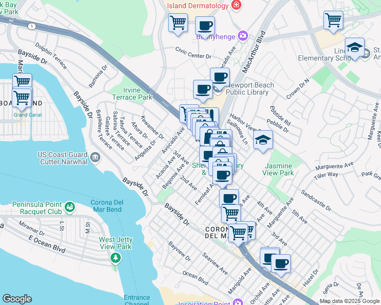 map of restaurants, bars, coffee shops, grocery stores, and more near 615 Begonia Avenue in Newport Beach