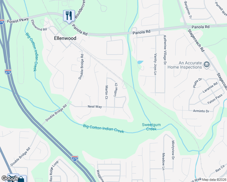 map of restaurants, bars, coffee shops, grocery stores, and more near 5543 Luther Court in Ellenwood