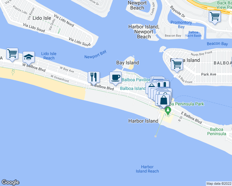 map of restaurants, bars, coffee shops, grocery stores, and more near West Ocean Front in Newport Beach