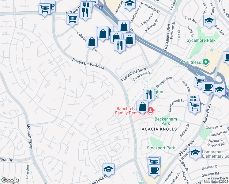 map of restaurants, bars, coffee shops, grocery stores, and more near 163 Avenida Majorca in Laguna Woods