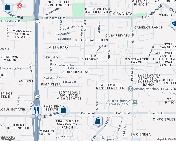 map of restaurants, bars, coffee shops, grocery stores, and more near 12850 North 92nd Place in Scottsdale