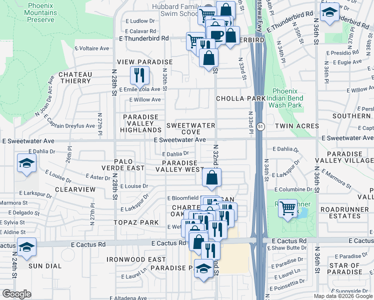 map of restaurants, bars, coffee shops, grocery stores, and more near 3045 East Dahlia Drive in Phoenix
