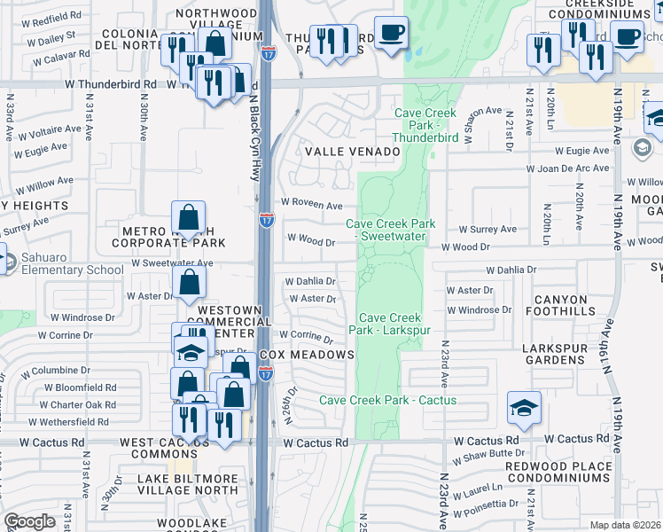 map of restaurants, bars, coffee shops, grocery stores, and more near 2456 West Dahlia Drive in Phoenix