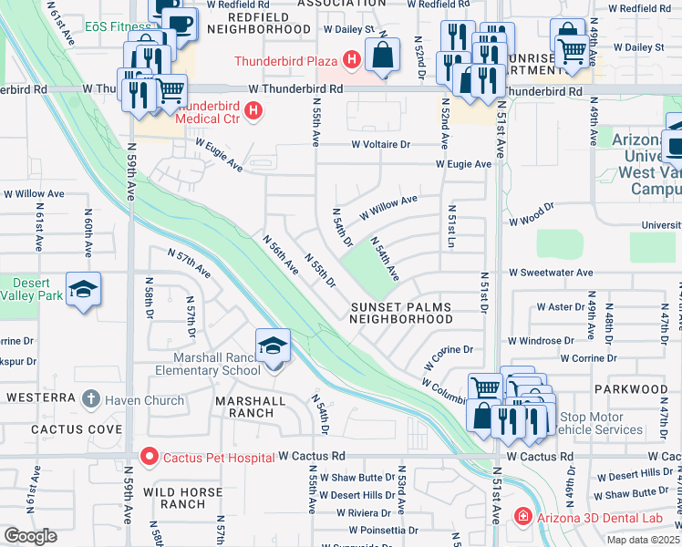 map of restaurants, bars, coffee shops, grocery stores, and more near 13043 North 55th Drive in Glendale