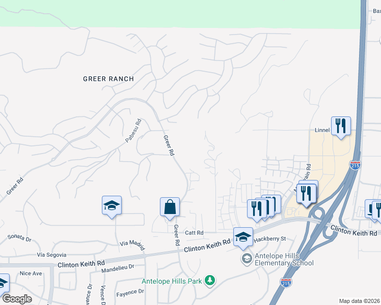 map of restaurants, bars, coffee shops, grocery stores, and more near 35740 Greer Road in Murrieta