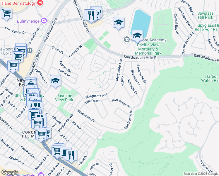 map of restaurants, bars, coffee shops, grocery stores, and more near 1219 Sand Key in Newport Beach