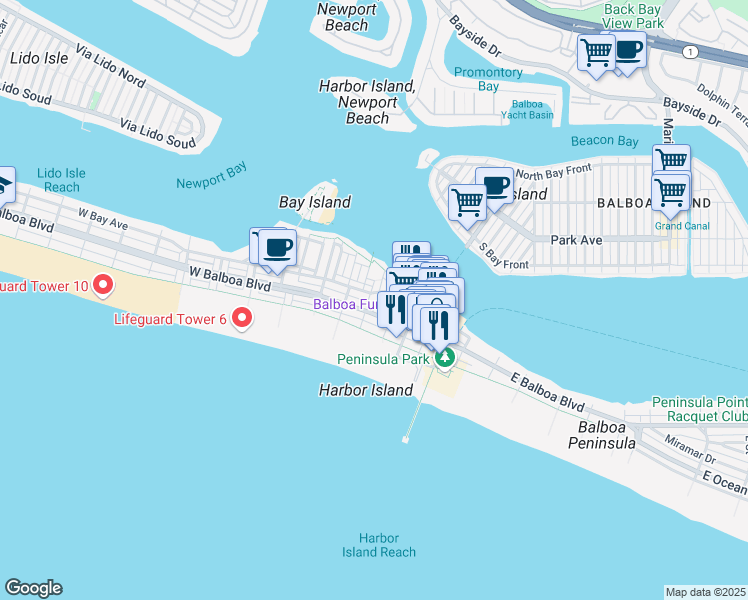 map of restaurants, bars, coffee shops, grocery stores, and more near 319 East Balboa Boulevard in Newport Beach