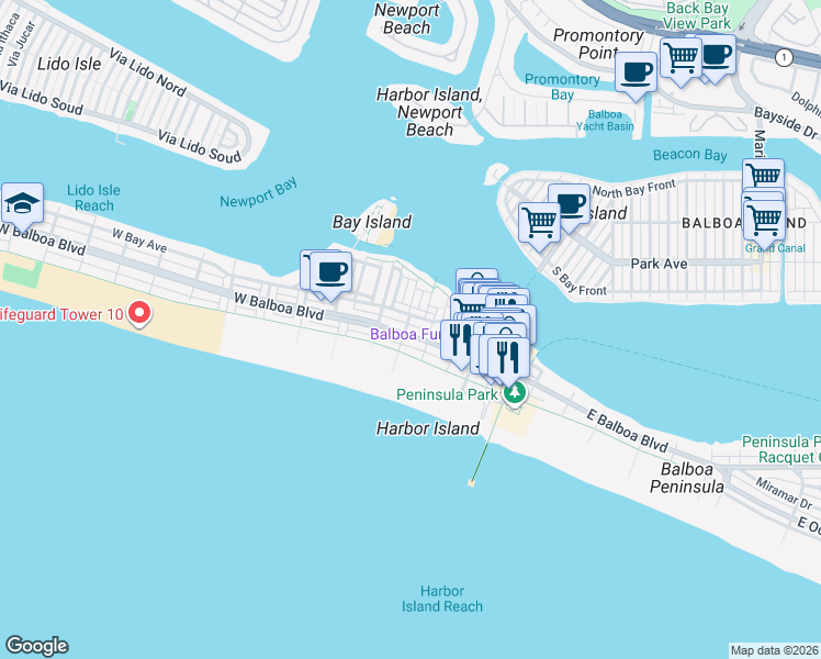 map of restaurants, bars, coffee shops, grocery stores, and more near 302 East Balboa Boulevard in Newport Beach