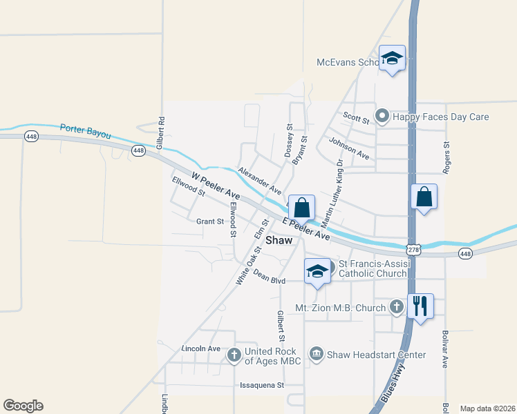 map of restaurants, bars, coffee shops, grocery stores, and more near 101 Cherry Street in Shaw
