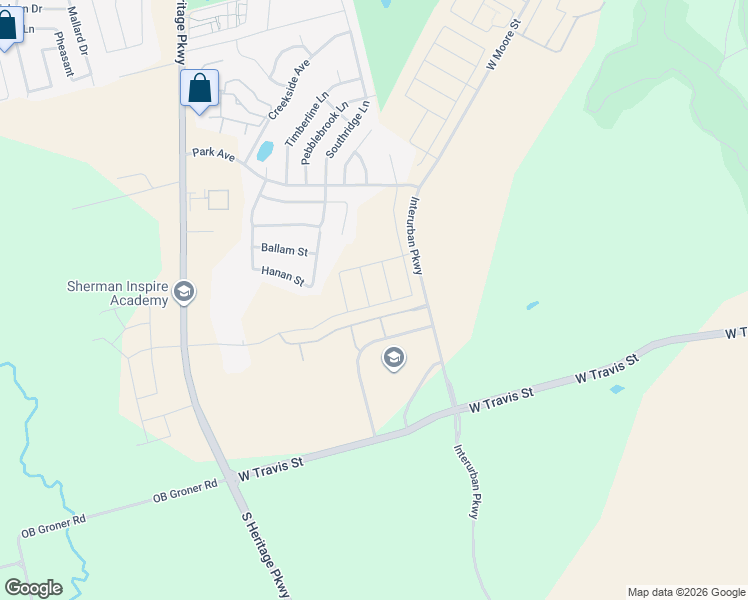 map of restaurants, bars, coffee shops, grocery stores, and more near 2641 West Moore Street in Sherman