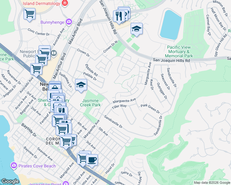 map of restaurants, bars, coffee shops, grocery stores, and more near 9 Jasmine Creek Drive in Newport Beach