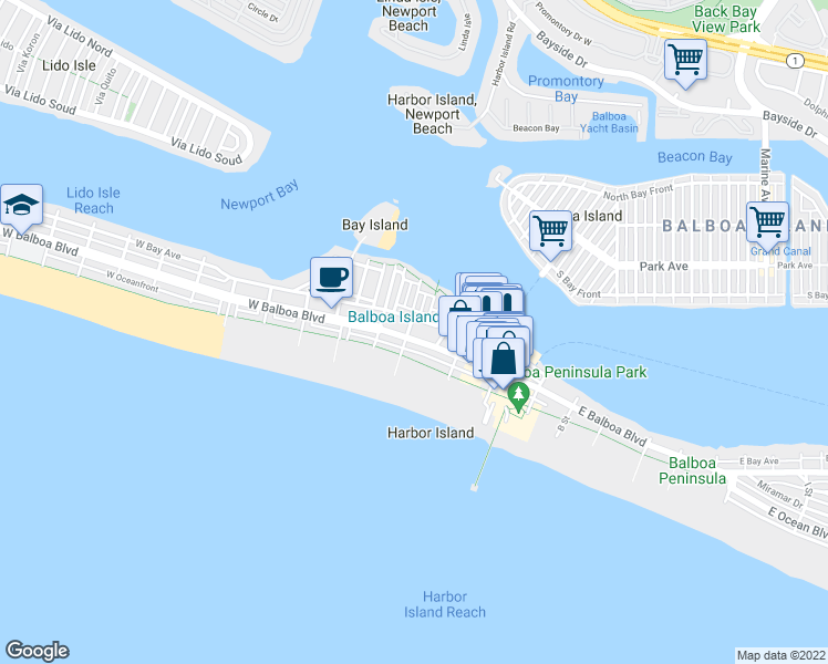 map of restaurants, bars, coffee shops, grocery stores, and more near 302 East Balboa Boulevard in Newport Beach