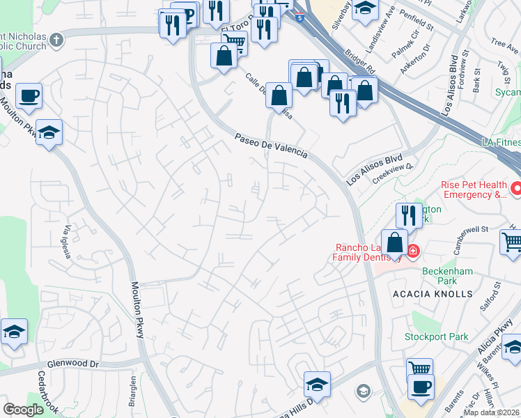 map of restaurants, bars, coffee shops, grocery stores, and more near 232 Avenida Majorca in Laguna Woods