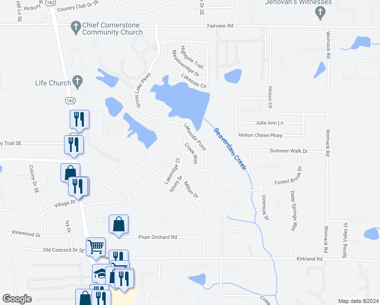 map of restaurants, bars, coffee shops, grocery stores, and more near 130 Creek Way in Covington