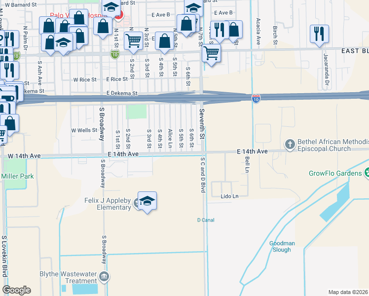 map of restaurants, bars, coffee shops, grocery stores, and more near 480 South 5th Street in Blythe