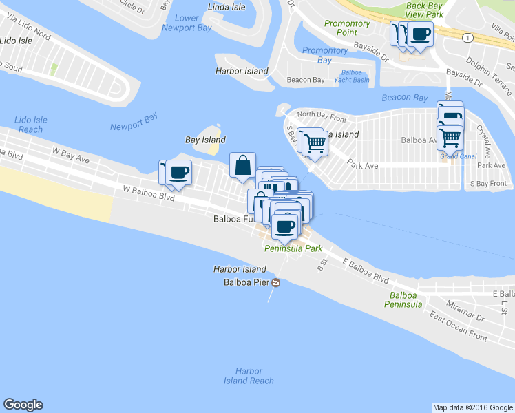 map of restaurants, bars, coffee shops, grocery stores, and more near 419 East Bay Avenue in Newport Beach