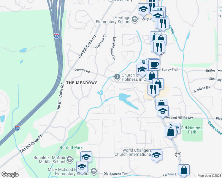 map of restaurants, bars, coffee shops, grocery stores, and more near 120 Meadows Lake Road in Atlanta