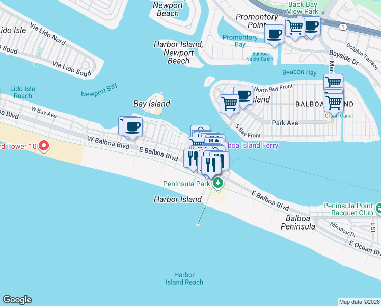 map of restaurants, bars, coffee shops, grocery stores, and more near 419 East Bay Avenue in Newport Beach
