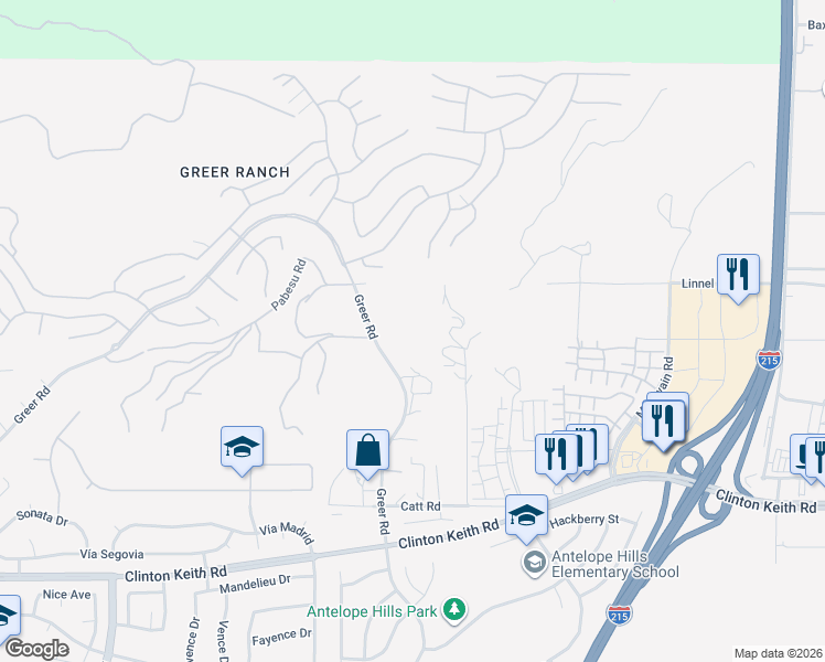 map of restaurants, bars, coffee shops, grocery stores, and more near 35740 Greer Road in Murrieta