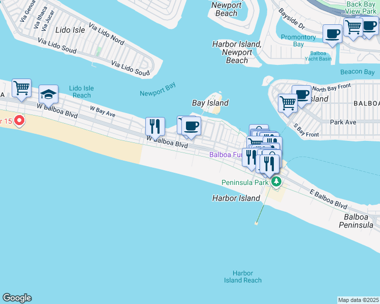 map of restaurants, bars, coffee shops, grocery stores, and more near 506 West Oceanfront in Newport Beach