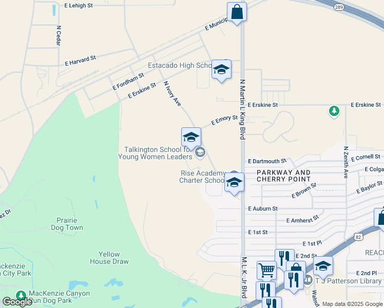 map of restaurants, bars, coffee shops, grocery stores, and more near 415 North Ivory Avenue in Lubbock