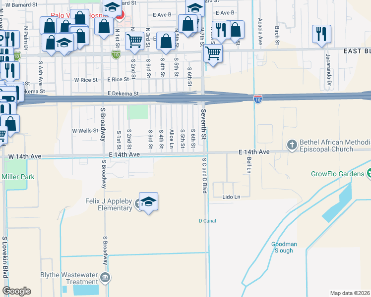 map of restaurants, bars, coffee shops, grocery stores, and more near 480 South 5th Street in Blythe