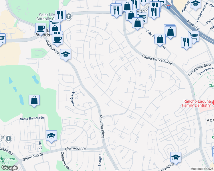 map of restaurants, bars, coffee shops, grocery stores, and more near 420 Avenida Castilla in Laguna Woods