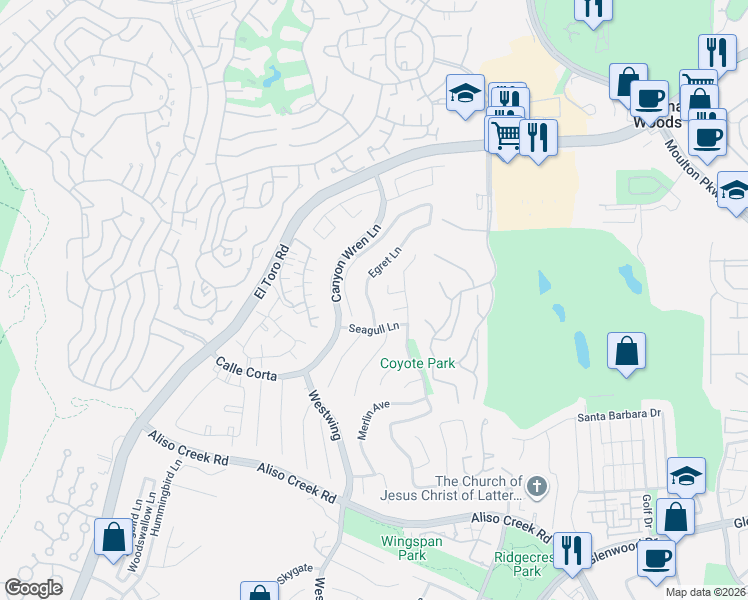 map of restaurants, bars, coffee shops, grocery stores, and more near 56 Egret Lane in Aliso Viejo