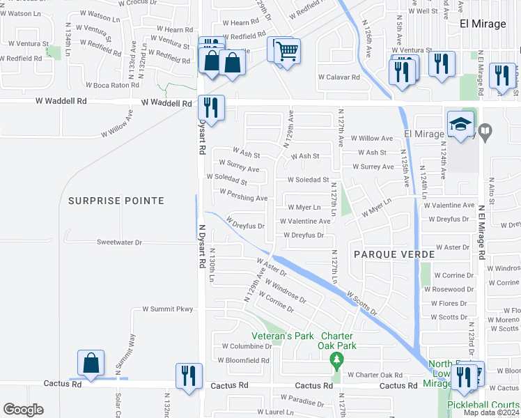 map of restaurants, bars, coffee shops, grocery stores, and more near 12906 West Valentine Avenue in El Mirage