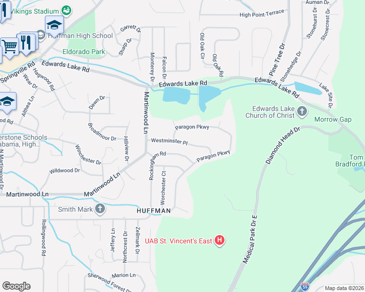 map of restaurants, bars, coffee shops, grocery stores, and more near 948 Rockingham Road in Birmingham