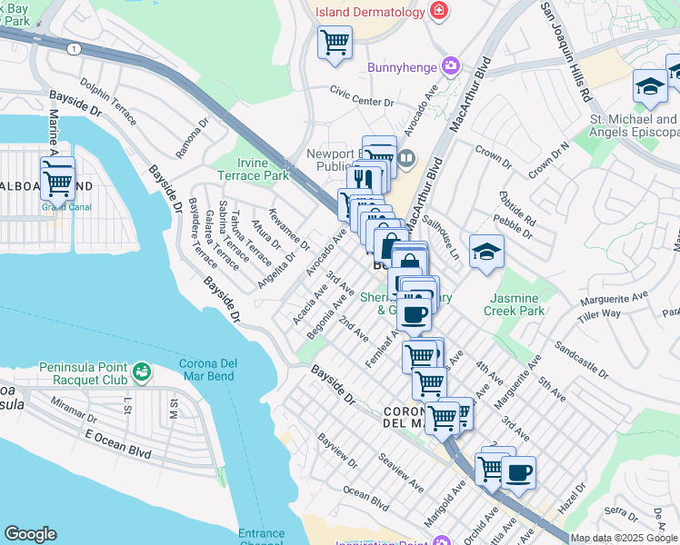 map of restaurants, bars, coffee shops, grocery stores, and more near in Newport Beach