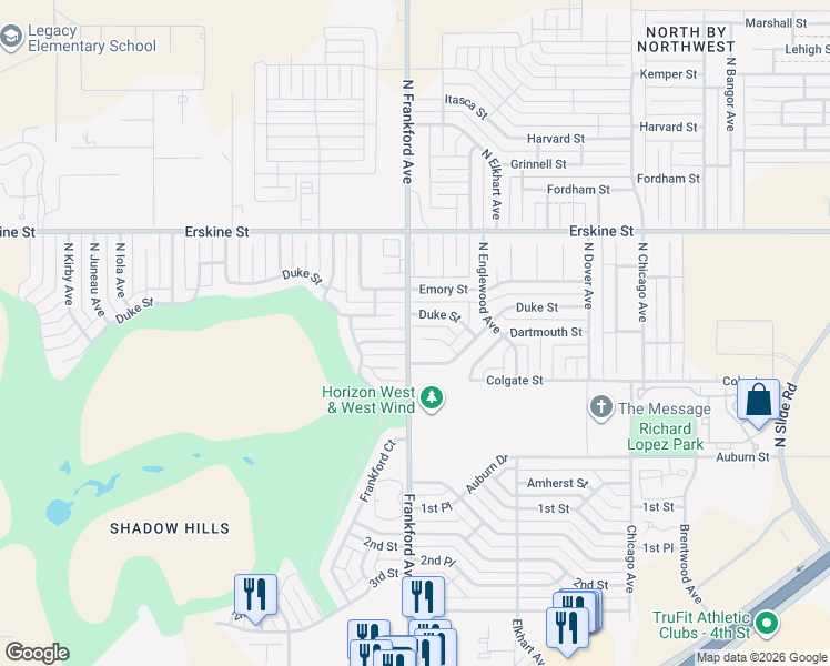 map of restaurants, bars, coffee shops, grocery stores, and more near North Frankford Avenue in Lubbock
