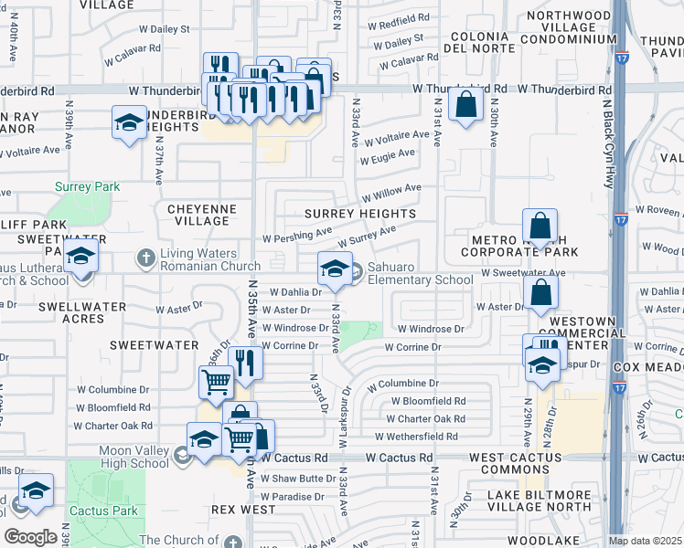 map of restaurants, bars, coffee shops, grocery stores, and more near 12835 North 33rd Avenue in Phoenix