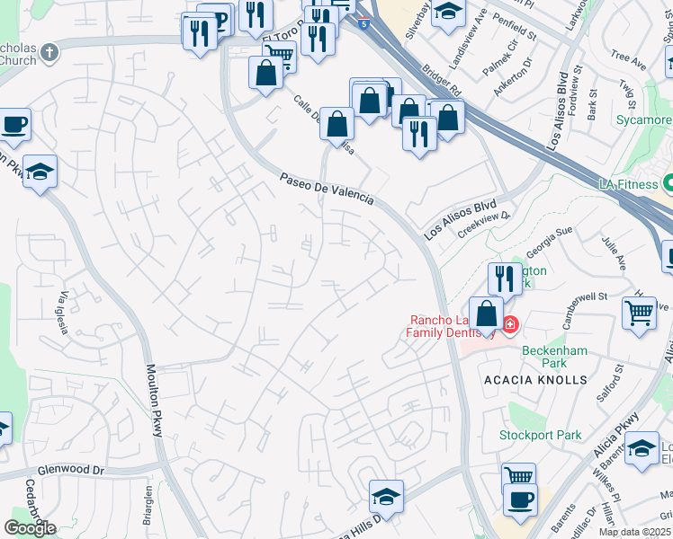 map of restaurants, bars, coffee shops, grocery stores, and more near 224 Avenida Majorca in Laguna Woods