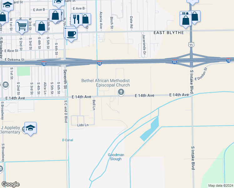 map of restaurants, bars, coffee shops, grocery stores, and more near 480 River Valley Avenue in Blythe
